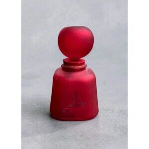 Vintage Frosted Red Satin Glass Bottle Etched Leaf Design with Cork Stopper